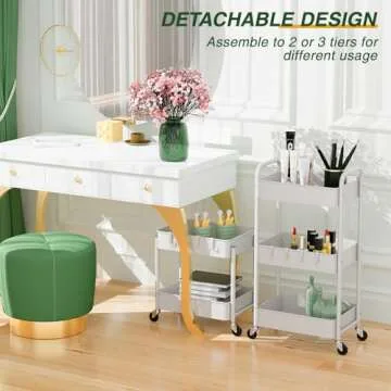 LEHOM 3 Tier Rolling Utility Cart, Metal Trolley Cart with Wheels, Hooks, Easy Assembly Organizer Storage Cart for Bathroom, Kitchen, Office, Bedroom(White)