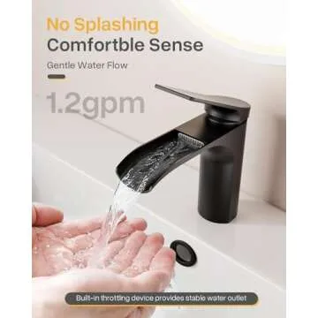 RIVAMBER Waterfall Bathroom Sink Faucet, 1 Hole with 3 Hole Cover Plate, Matte Black Brass Modern Single Handle Deck Mount Vanity Faucet with Metal Pop-up Drain Stopper & Water Supply Hoses