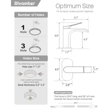 RIVAMBER Waterfall Bathroom Sink Faucet, 1 Hole with 3 Hole Cover Plate, Matte Black Brass Modern Single Handle Deck Mount Vanity Faucet with Metal Pop-up Drain Stopper & Water Supply Hoses