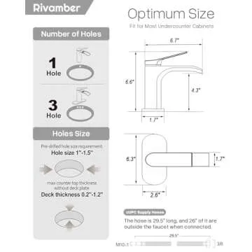 RIVAMBER Waterfall Bathroom Sink Faucet, 1 Hole with 3 Hole Cover Plate, Matte Black Brass Modern Single Handle Deck Mount Vanity Faucet with Metal Pop-up Drain Stopper & Water Supply Hoses