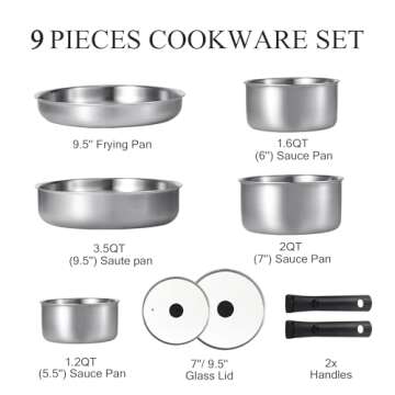CAROTE 9-Piece Stainless Steel Cookware Set with Detachable Handle
