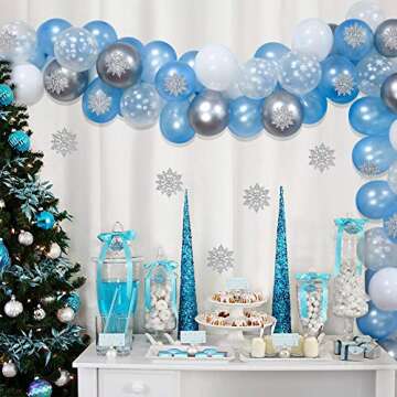 K KUMEED Frozen Party Balloons Arch Garland Kit Winter Wonderland Party Decorations 95PCS Blue Silver for Frozen Themed Baby Shower, Birthday, Baby Its Cold Outside Decorations