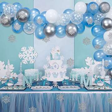K KUMEED Frozen Party Balloons Arch Garland Kit Winter Wonderland Party Decorations 95PCS Blue Silver for Frozen Themed Baby Shower, Birthday, Baby Its Cold Outside Decorations