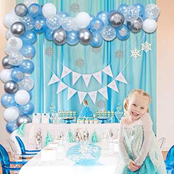 K KUMEED Frozen Party Balloons Arch Garland Kit Winter Wonderland Party Decorations 95PCS Blue Silver for Frozen Themed Baby Shower, Birthday, Baby Its Cold Outside Decorations