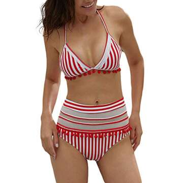 Women's Sexy High Waist Swimsuit Mesh Striped Halter Bikini Bathing Suits Red L