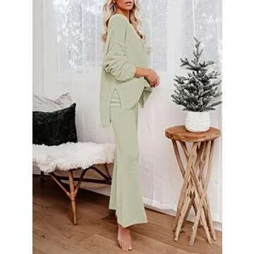 Pink Queen Women's 2 Piece Sweater Set Loose Button Pullover Knit Top Long Wide Leg Pants Sweatsuit Lounge Set Green S