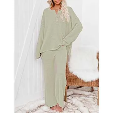 Pink Queen Women's 2 Piece Sweater Set Loose Button Pullover Knit Top Long Wide Leg Pants Sweatsuit Lounge Set Green S