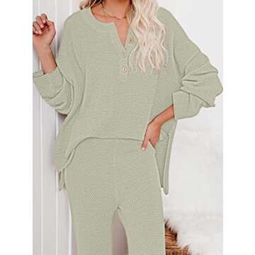 Pink Queen Women's 2 Piece Sweater Set Loose Button Pullover Knit Top Long Wide Leg Pants Sweatsuit Lounge Set Green S