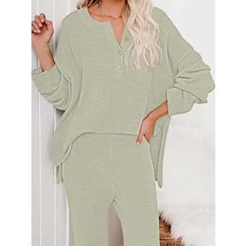 Pink Queen Women's 2 Piece Sweater Set Loose Button Pullover Knit Top Long Wide Leg Pants Sweatsuit Lounge Set Green S