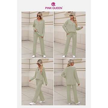 Pink Queen Women's 2 Piece Sweater Set Loose Button Pullover Knit Top Long Wide Leg Pants Sweatsuit Lounge Set Green S