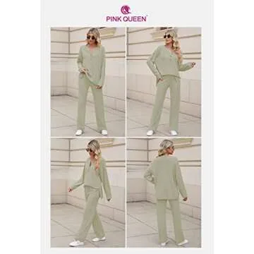 Pink Queen Women's 2 Piece Sweater Set Loose Button Pullover Knit Top Long Wide Leg Pants Sweatsuit Lounge Set Green S