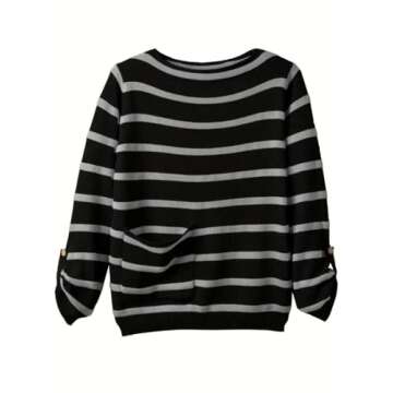 Women's Fall & Winter Striped Print Drop Shoulder Sweater with Pocket, Casual Loose Long Sleeve Roun...