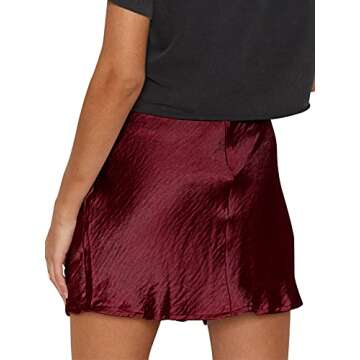 LYANER Women's Satin Lace Trim Split Slit Hem Zipper High Wasit Mini Short Skirt Burgundy Medium