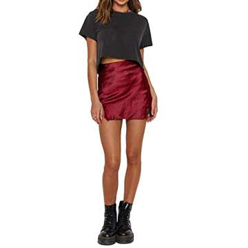 LYANER Women's Satin Lace Trim Mini Skirt - Burgundy