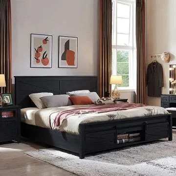 Farmhouse Wood Bed Frame with Sliding Barn Doors - Black