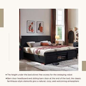 Farmhouse Wood Bed Frame with Sliding Barn Doors - Black