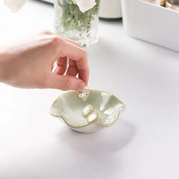Mecaikru Ceramic Trinket Dish, Ring Tray, Decorative Jewelry Dish for Earrings Necklaces Watch Keys, for Women, White Green