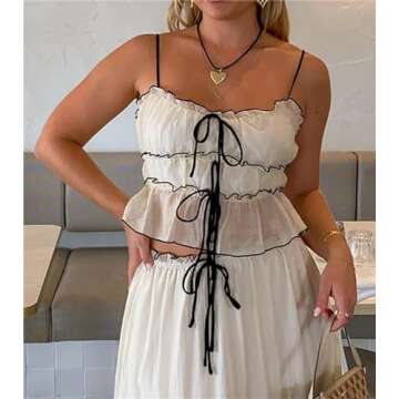 Women Y2k 2 Piece Outfits Patchwork Front Tie-Up Camisoles and Ruched Ruffle Maxi Skirt Matching Set Beachwear (White, S)