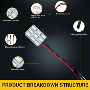 EverBrightt 6-Pack Cool White 5730 9SMD Led Panel Dome Light Auto Car Reading Interior Light DC 12V with T10 / BA9S / Festoon Adapters