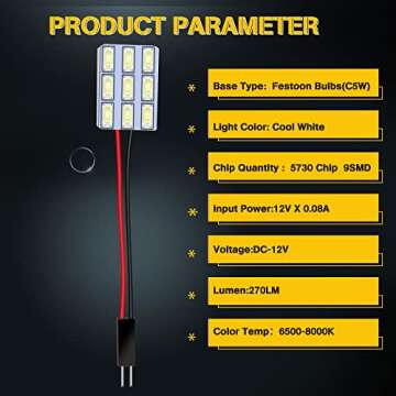 EverBrightt 6-Pack Cool White 5730 9SMD Led Panel Dome Light Auto Car Reading Interior Light DC 12V with T10 / BA9S / Festoon Adapters