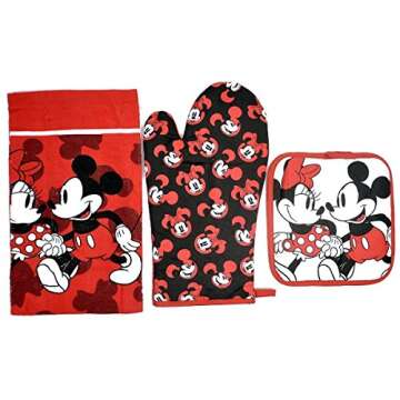Disney Oven Mitt Pot Holder & Dish Towel 3 pc Kitchen Set (Mickey Minnie Red)