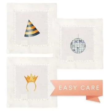 Jolitee Decorative Hemstitch Cocktail Napkins, 6"x6" Washable Linen-Like Cloth Napkins, Handmade for Entertaining and Everyday Use (New Year's Eve)