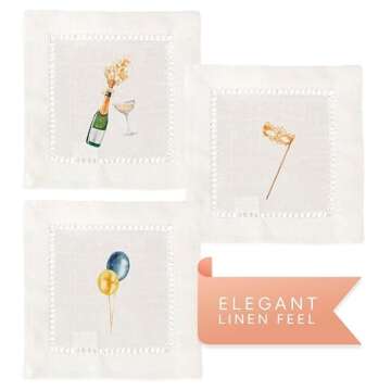 Jolitee Decorative Hemstitch Cocktail Napkins, 6"x6" Washable Linen-Like Cloth Napkins, Handmade for Entertaining and Everyday Use (New Year's Eve)