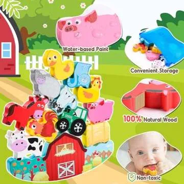IPOURUP Montessori Toys for Kids 3-7 Wooden Farm Animal Blocks Stacking Games Toy for 3 4 5 6 Year Old Girls Boys Birthday Gifts Toddler Educational Toys Balance Game for Boy Girl Age 2-4