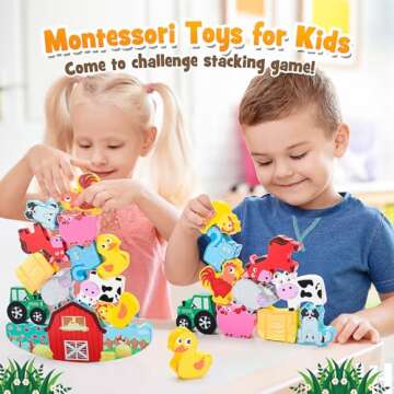 IPOURUP Montessori Toys for Kids 3-7 Wooden Farm Animal Blocks Stacking Games Toy for 3 4 5 6 Year Old Girls Boys Birthday Gifts Toddler Educational Toys Balance Game for Boy Girl Age 2-4