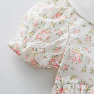 pureborn Baby Girls Woven Dress Short Sleeve Cotton Peter Pan Collar Dress Summer Playwear Dresses White Pink Blooms 6-12 Months