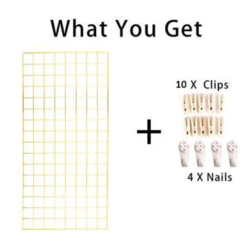 Simmer Stone Gold Wall Grid Panel for Photo Hanging Display & Wall Decoration Organizer, Multi-Functional Wall Storage Display Grid, 10 Clips & 4 Nails Offered, Set of 1, Size 17.7"x37.4"