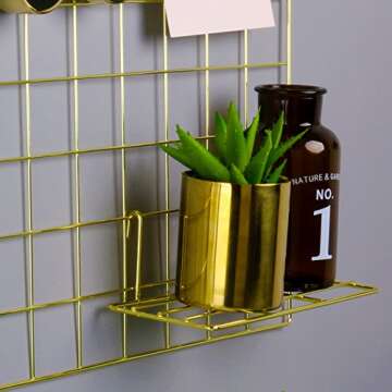 Simmer Stone Gold Wall Grid Panel for Photo Hanging Display & Wall Decoration Organizer, Multi-Functional Wall Storage Display Grid, 10 Clips & 4 Nails Offered, Set of 1, Size 17.7"x37.4"