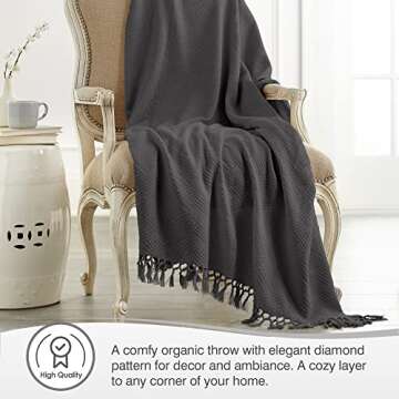 100% Organic Cotton Throw Blanket - Lightweight Organic Cotton Blanket Throw for Living Room Sofa Bedroom and Office Decor - 100% Cotton Elegant Diamond Woven Throw Blanket (60x80, Dark Gray)