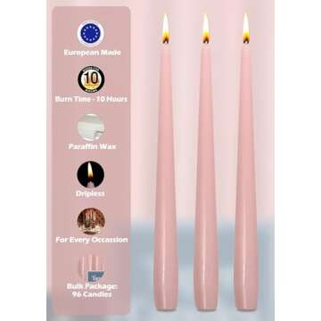 Hyoola Tall Taper Candles Bulk - 12 Inch Light Pink Unscented Dripless Taper Candles - 10 Hour Burn Time - 96 Pack