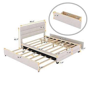 ATY Queen Size Platform Bed with Trundle & 2 Drawers, Upholstered Bedframe w/Headboard, for Bedroom,...