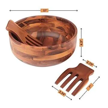 AIDEA Acacia Wood Salad Bowl Set with 2 Wooden Hands, Large Salad Bowl with Serving Utensils, Big Mi...