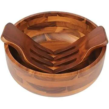 AIDEA Acacia Wood Salad Bowl Set with 2 Wooden Hands, Large Salad Bowl with Serving Utensils, Big Mixing Bowl for Fruits, Salad, Cereal, Corn flake,Pasta 11" Diameter x 4.5" Height