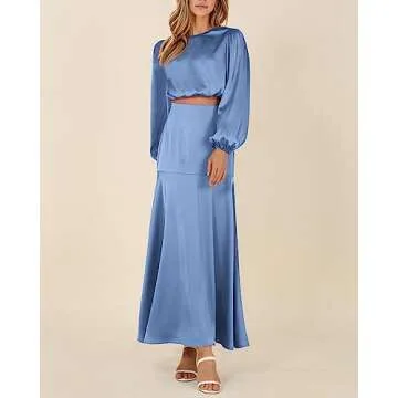 Women's 2 Piece Outfits 2023 Fall Long Sleeve Crew Neck Crop Tops Bodycon Midi Dress Skirt Sets Wedding Guest Dress(Solid Blue,Small)