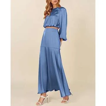 Women's 2 Piece Outfits 2023 Fall Long Sleeve Crew Neck Crop Tops Bodycon Midi Dress Skirt Sets Wedding Guest Dress(Solid Blue,Small)