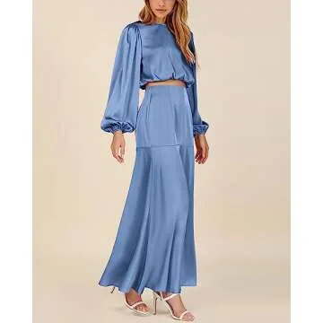 Women's 2 Piece Outfits 2023 Fall Long Sleeve Crew Neck Crop Tops Bodycon Midi Dress Skirt Sets Wedding Guest Dress(Solid Blue,Small)