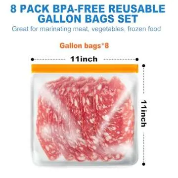 8 Pack Gallon Freezer Bags, Reusable Food Storage Silicone Bags Reusable Food Storage Bags, Large Zip Lock Bags Gallon, Lunch Home Fridge Kitchen Organization and Storage Meal Prep Freezer Containers