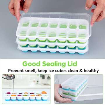 Silicone Ice Cube Tray, Jrisbo 4 Pack Easy-Release & Flexible 14-Ice Cube Trays with Spill-Resistant Removable Lid, Stackable Ice Trays with Covers for Freezer, Cocktail (Green)