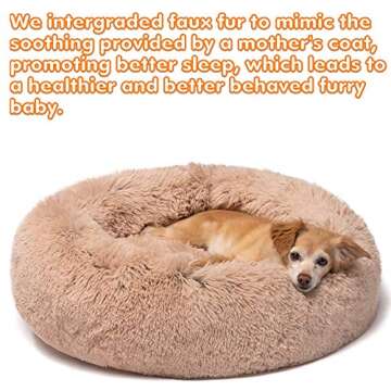 Friends Forever Donut Dog Bed Faux Fur Fluffy Calming Sofa For Small Dogs, Soft & Plush Anti Anxiety Pet Couch For Dogs, Machine Washable Coco Pet Bed with Non-Slip Bottom, 23"x23"x6" Tan