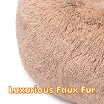 Friends Forever Donut Dog Bed Faux Fur Fluffy Calming Sofa For Small Dogs, Soft & Plush Anti Anxiety Pet Couch For Dogs, Machine Washable Coco Pet Bed with Non-Slip Bottom, 23"x23"x6" Tan