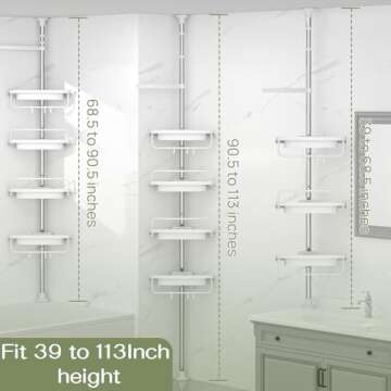 ALLZONE Rustproof Shower Caddy Corner for Bathroom, Tension Corner Shower Caddy Tension Pole, Solid Shower Organizer with 4 Adjustable Shower Shelves, Shower Rack Fit Heights 39 to 113 Inches,White