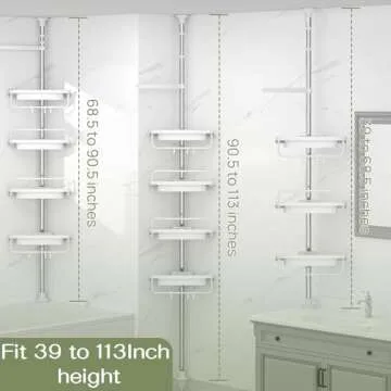 ALLZONE Rustproof Shower Caddy Corner for Bathroom, Tension Corner Shower Caddy Tension Pole, Solid Shower Organizer with 4 Adjustable Shower Shelves, Shower Rack Fit Heights 39 to 113 Inches,White