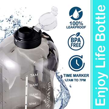 Life Bottle 1 Gallon Water Bottle with Straw Lid and Chug Lid, Leakproof Water Jug. Big Water Bottle with Time Marker, No Quotes. 128 oz Water Bottle with Handle and Straw, BPA Free Water Bottles