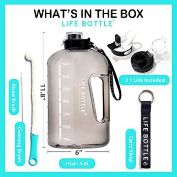 Life Bottle 1 Gallon Water Bottle with Straw Lid and Chug Lid, Leakproof Water Jug. Big Water Bottle with Time Marker, No Quotes. 128 oz Water Bottle with Handle and Straw, BPA Free Water Bottles