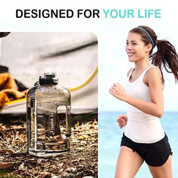 Life Bottle 1 Gallon Water Bottle with Straw Lid and Chug Lid, Leakproof Water Jug. Big Water Bottle with Time Marker, No Quotes. 128 oz Water Bottle with Handle and Straw, BPA Free Water Bottles