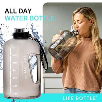 Life Bottle 1 Gallon Water Bottle with Straw Lid and Chug Lid, Leakproof Water Jug. Big Water Bottle with Time Marker, No Quotes. 128 oz Water Bottle with Handle and Straw, BPA Free Water Bottles